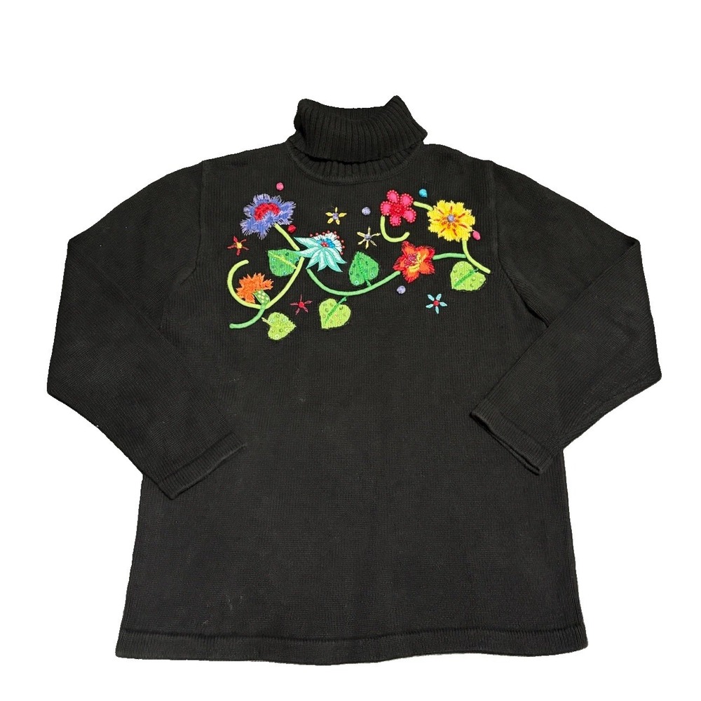 Vintage Quaker Factory Turtleneck Embroidered Beaded Sweater Whimsical Fairy